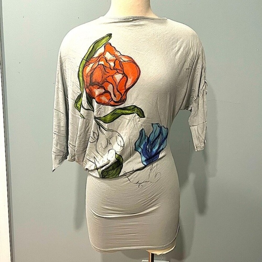 GO International Floral Print Light Blue 3/4 Sleeve Draped Top Size XS
